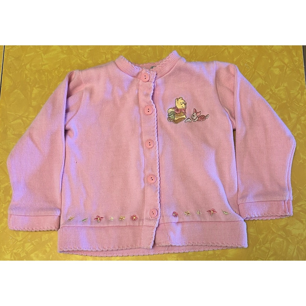 VTG Y2K Disney Baby Pooh & Piglet Pink Ribbed Cardigan Girls 18M 90s